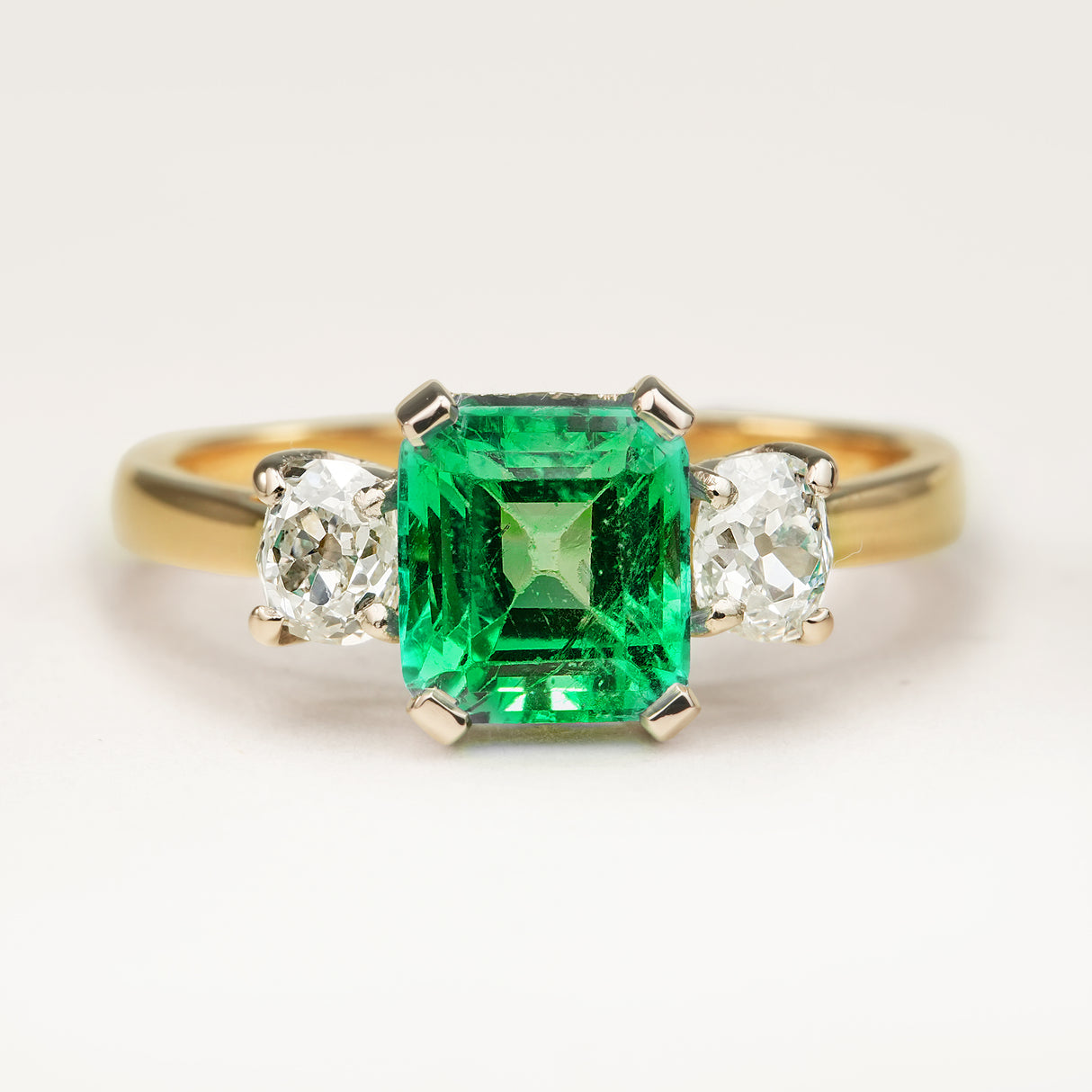 Emerald and Diamond Three-Stone Ring – Vintage Engagement Ring