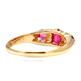 Antique, Edwardian three-stone ruby and diamond ring, 18ct yellow gold