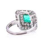 Art Deco, square-cut Colombian emerald & diamond cluster ring