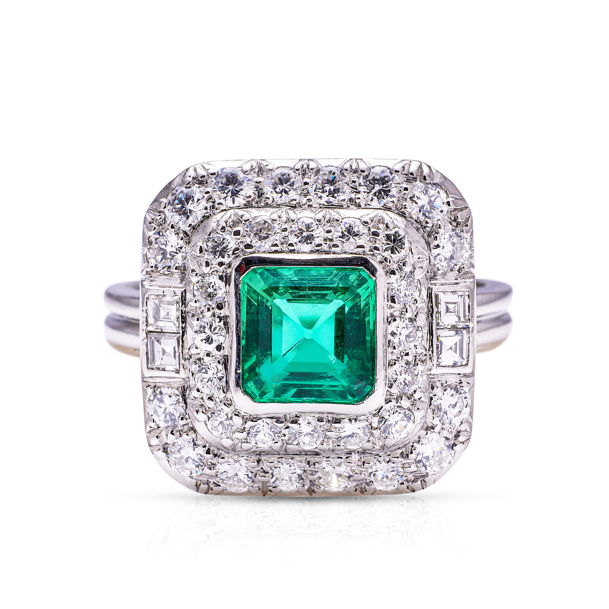 Art Deco, square-cut Colombian emerald & diamond cluster ring