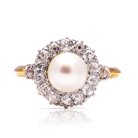 Antique pearl and diamond cluster ring, front view. 