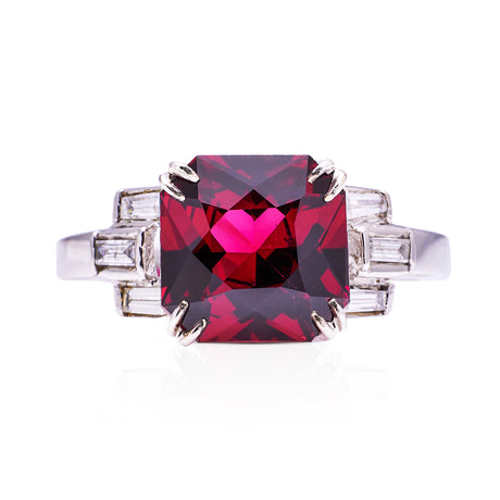 Vintage red garnet and diamond ring, front view.