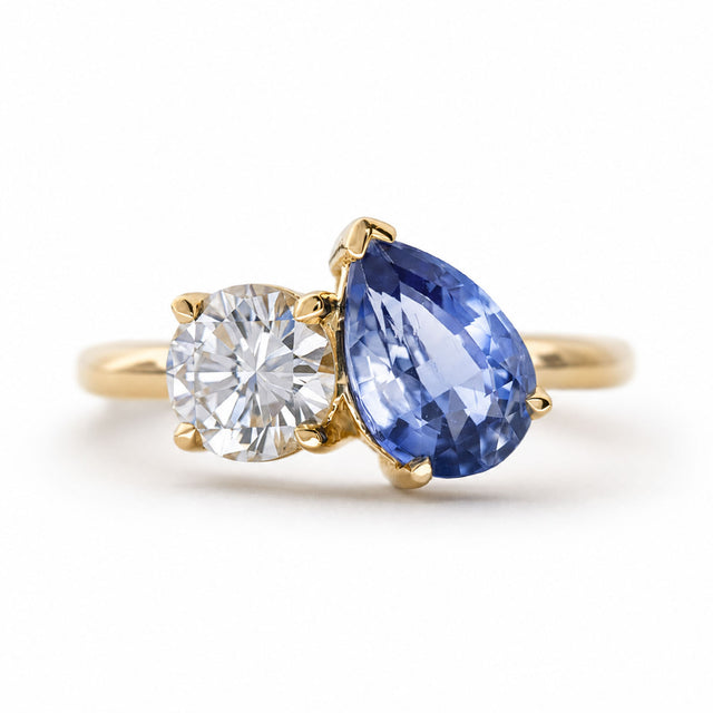 Antique-inspired sapphire and diamond Toi et Moi engagement ring in yellow gold