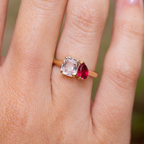 Antique-inspired, pink sapphire and spinel Toi et Moi engagement ring
