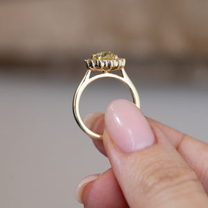 Side profile of the antique-inspired yellow diamond ring, revealing the raised gallery and polished yellow gold band.