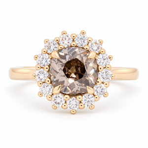 Antique-inspired smoky cognac old-mine diamond cluster engagement ring in yellow gold, surrounded by a halo of sparkling white diamonds.
