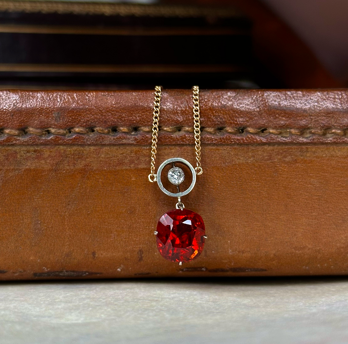 Garnet and diamond necklace, front view. 