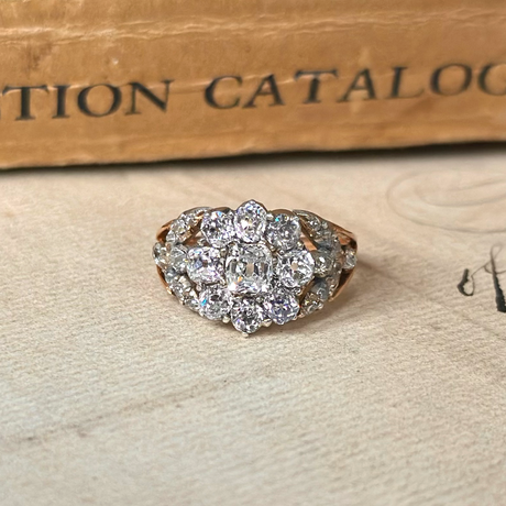 Antique Georgian diamond cluster ring, front view.