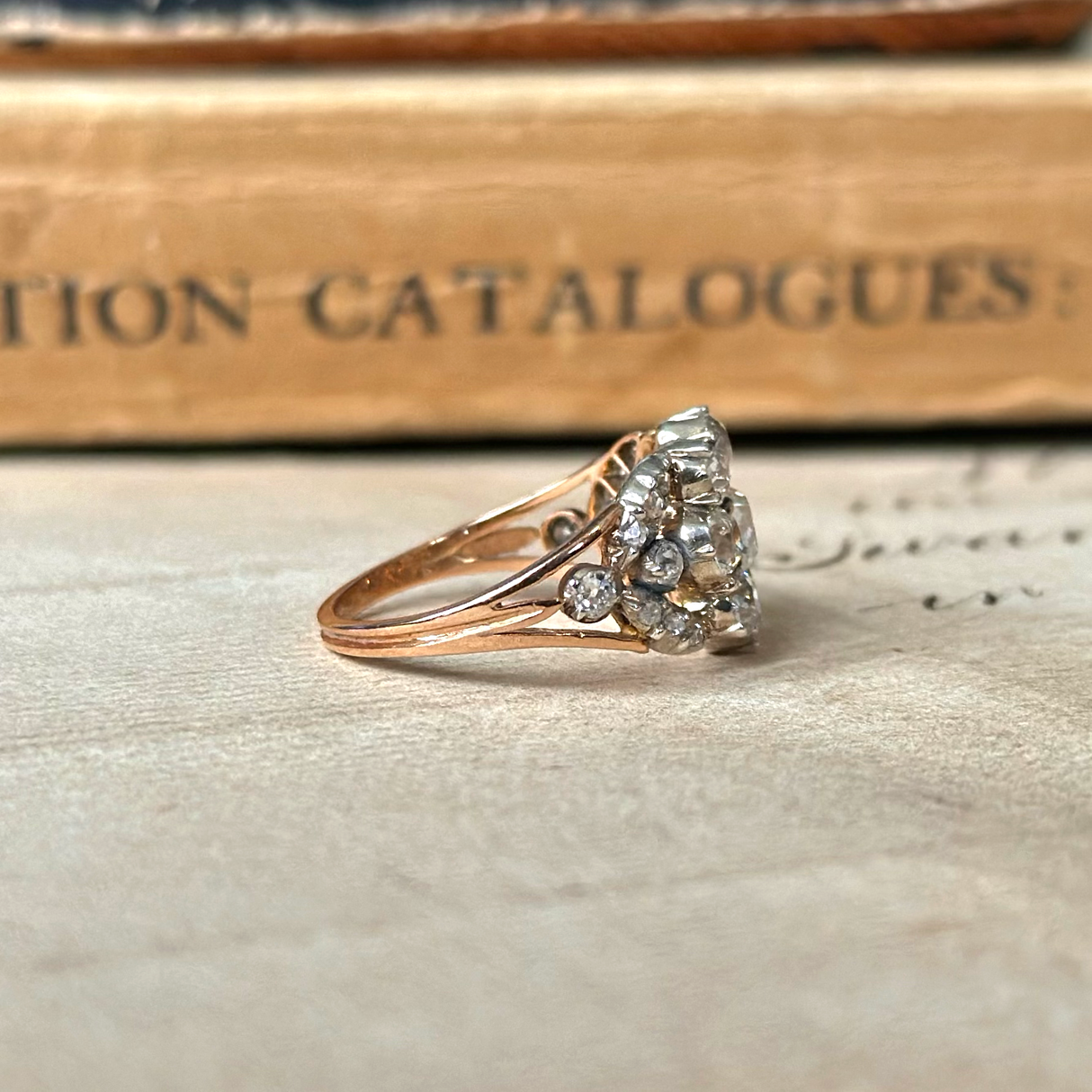Antique Georgian diamond cluster ring, side view.
