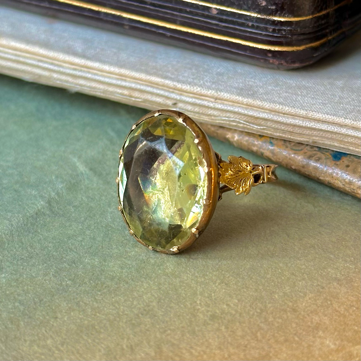 georgian green glass cocktail ring, front view. 