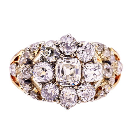 Antique, Georgian Diamond Cluster Ring, 18ct Yellow Gold front view