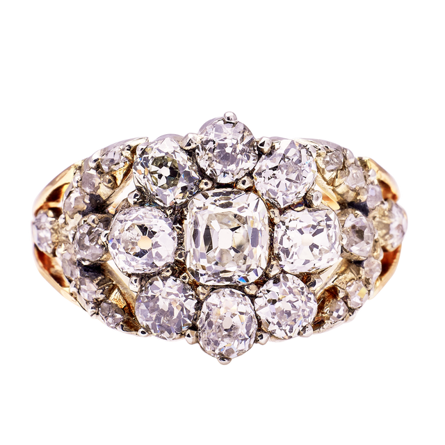 Antique, Georgian Diamond Cluster Ring, 18ct Yellow Gold front view