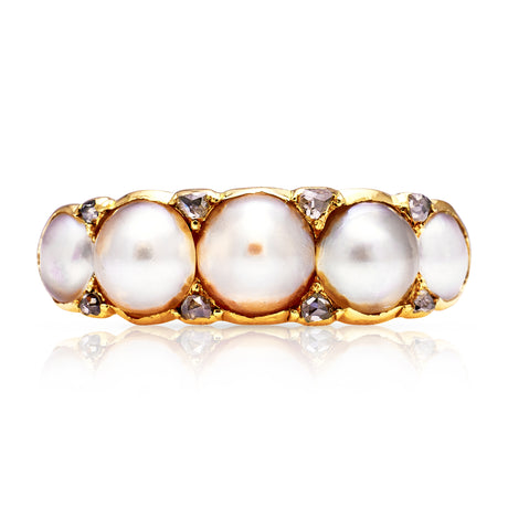Antique, Georgian Pearl and Diamond Half Hoop Ring, 18ct Yellow Gold. Front.