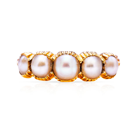 antique georgian pearl half hoop ring, front view.