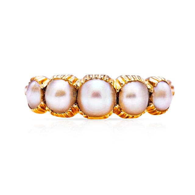 antique georgian pearl half hoop ring, front view.