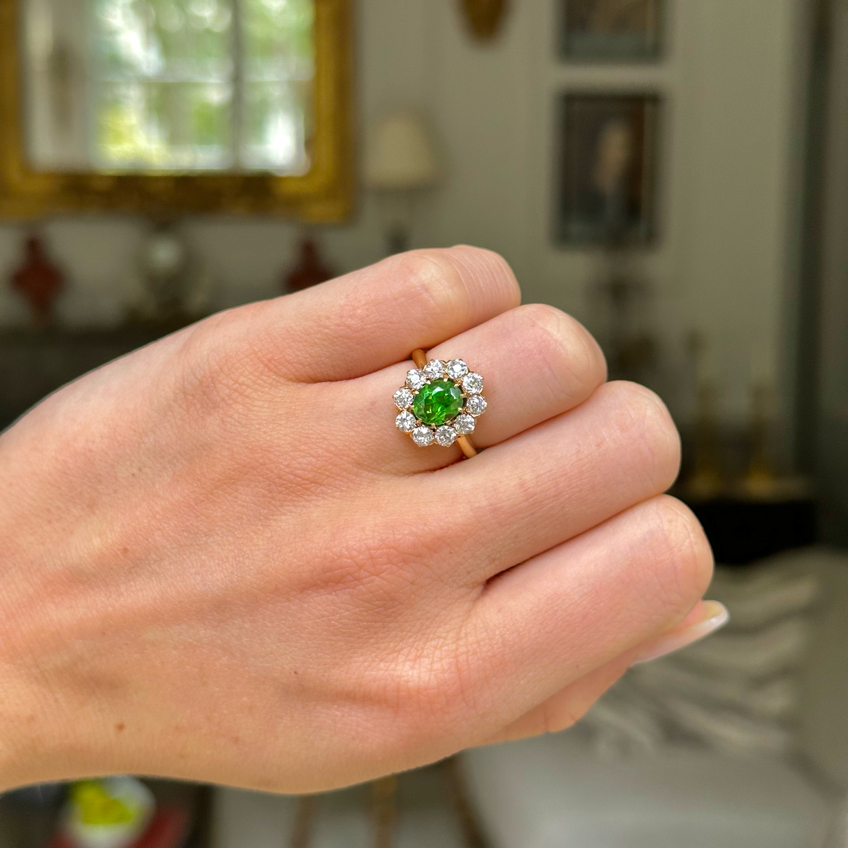 Antique, Edwardian, demantoid green garnet & diamond cluster ring