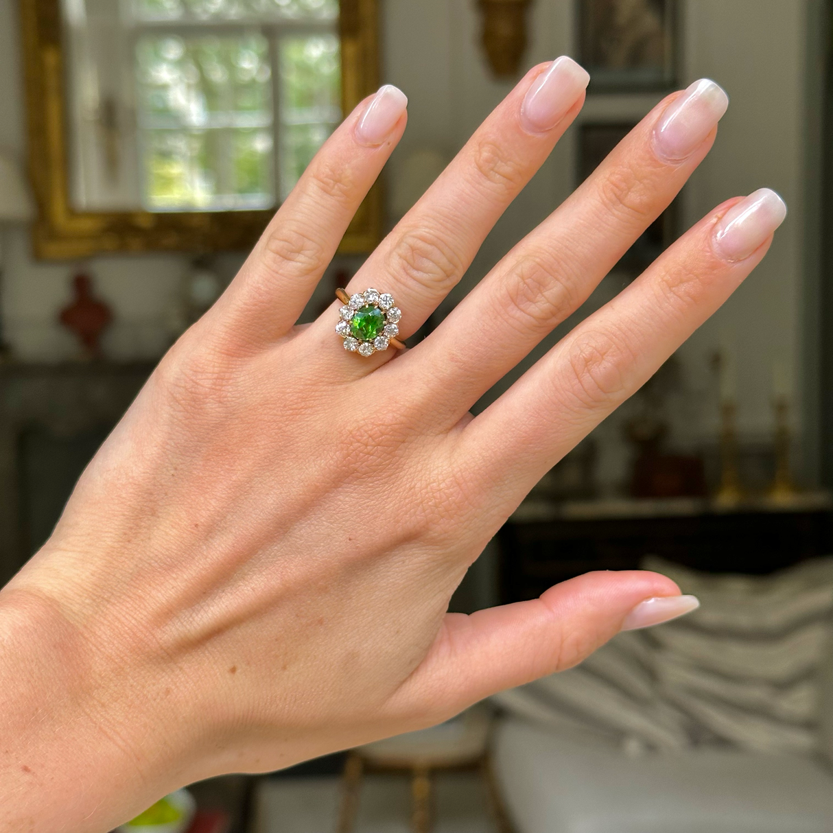 Antique, Edwardian, demantoid green garnet & diamond cluster ring