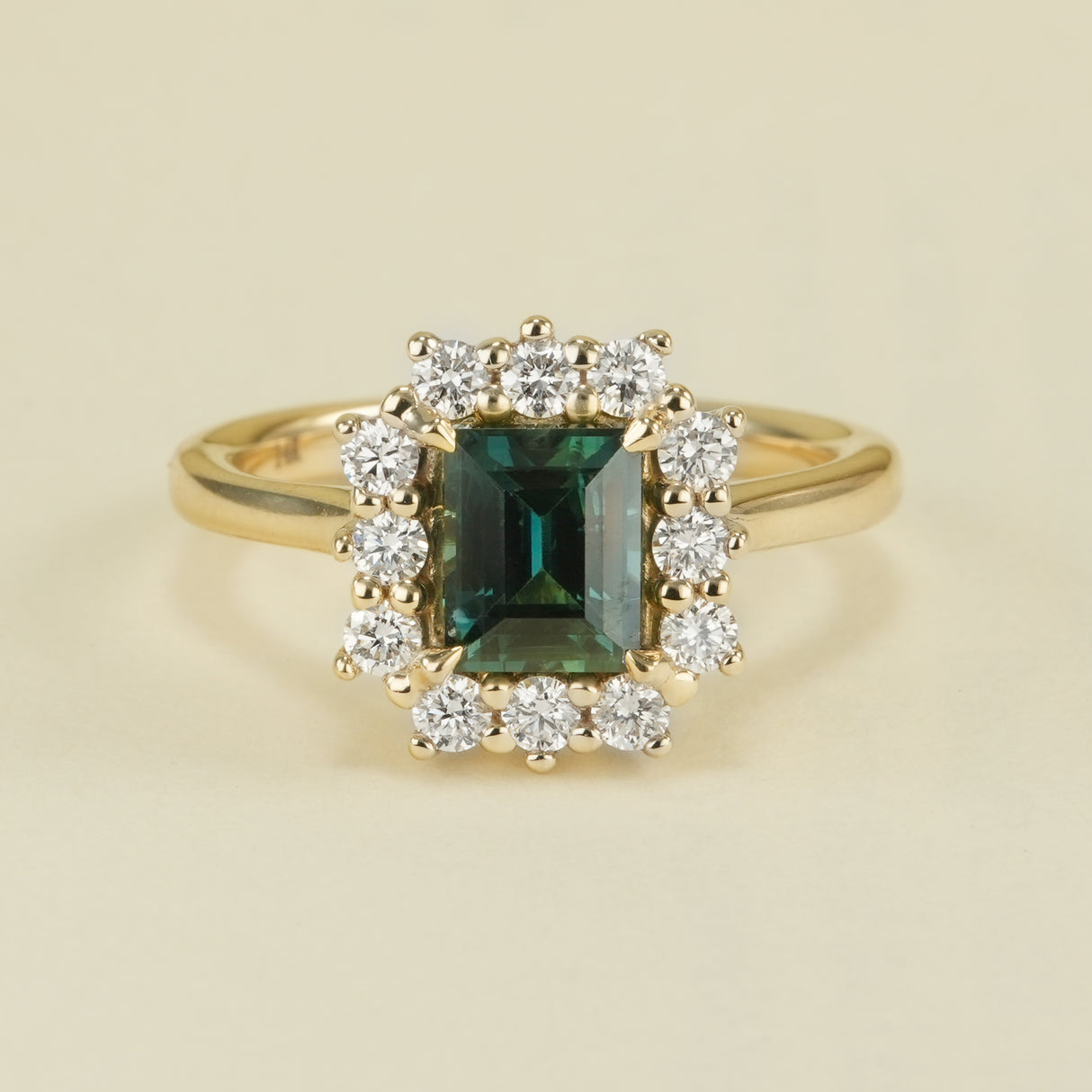 Sqaure-cut teal sapphire & diamond cluster ring