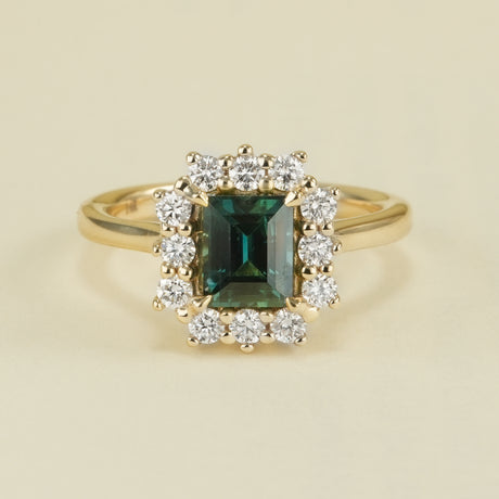 Sqaure-cut teal sapphire & diamond cluster ring