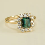 Sqaure-cut teal sapphire & diamond cluster ring
