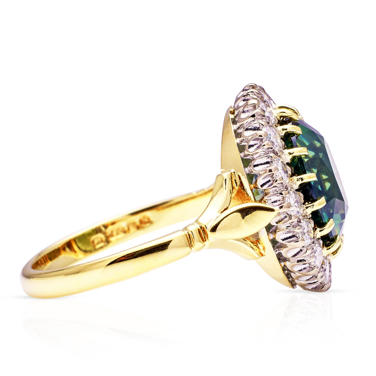 Vintage, 5ct Green Sapphire and Diamond Cluster Ring, 18ct Yellow Gold side view