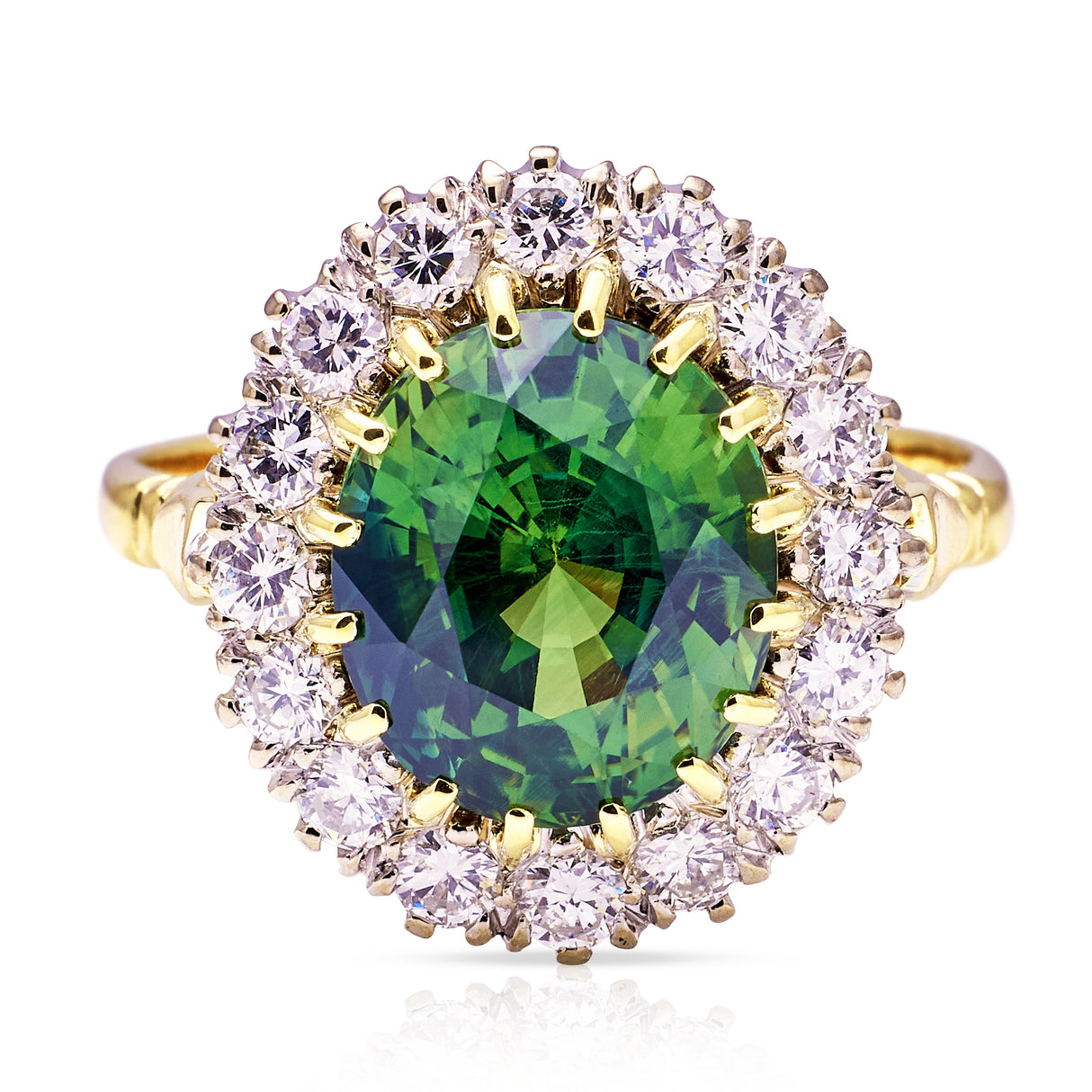 Vintage, 5ct Green Sapphire and Diamond Cluster Ring, 18ct Yellow Gold front view