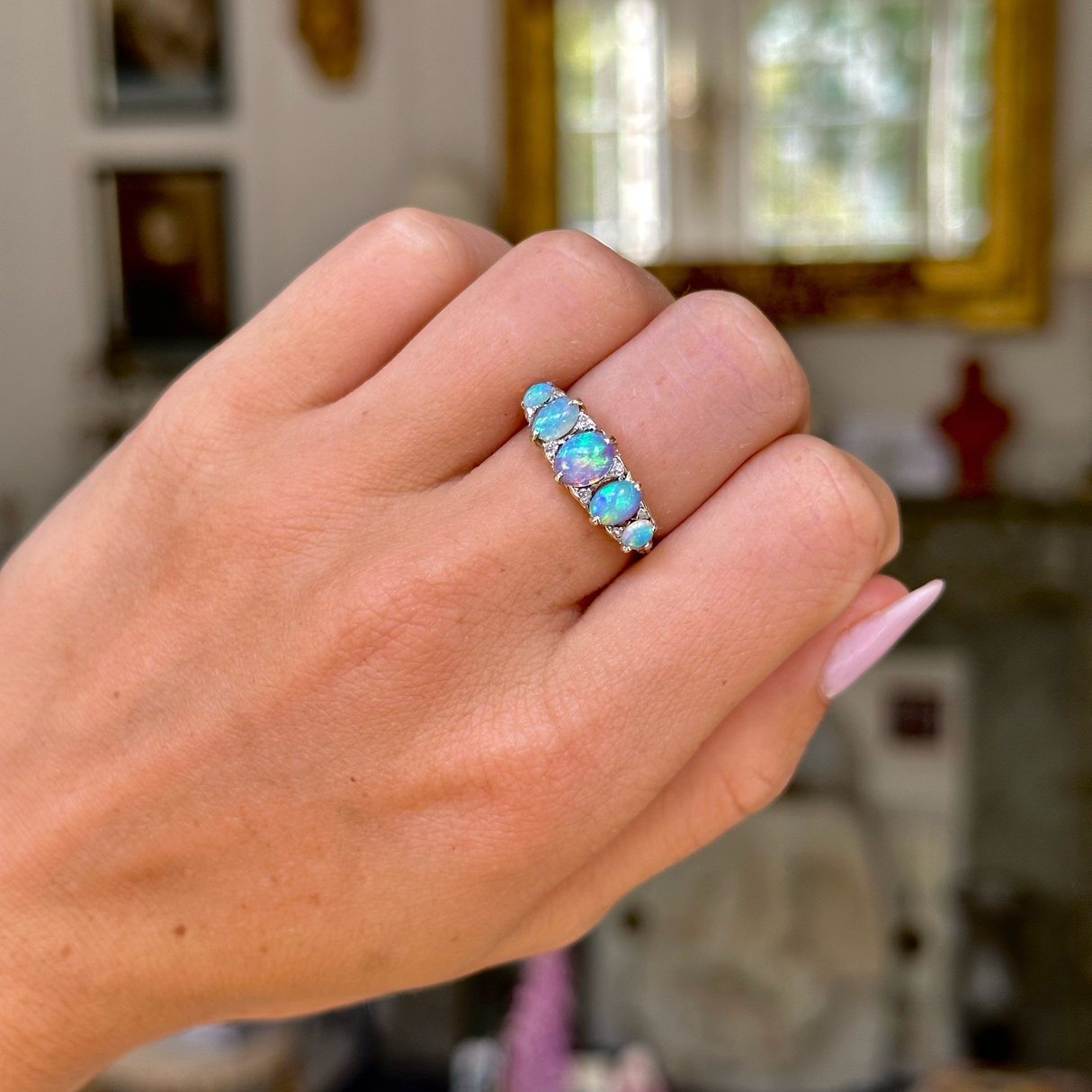 Victorian, crystal opal & diamond half hoop ring, 18ct yellow gold