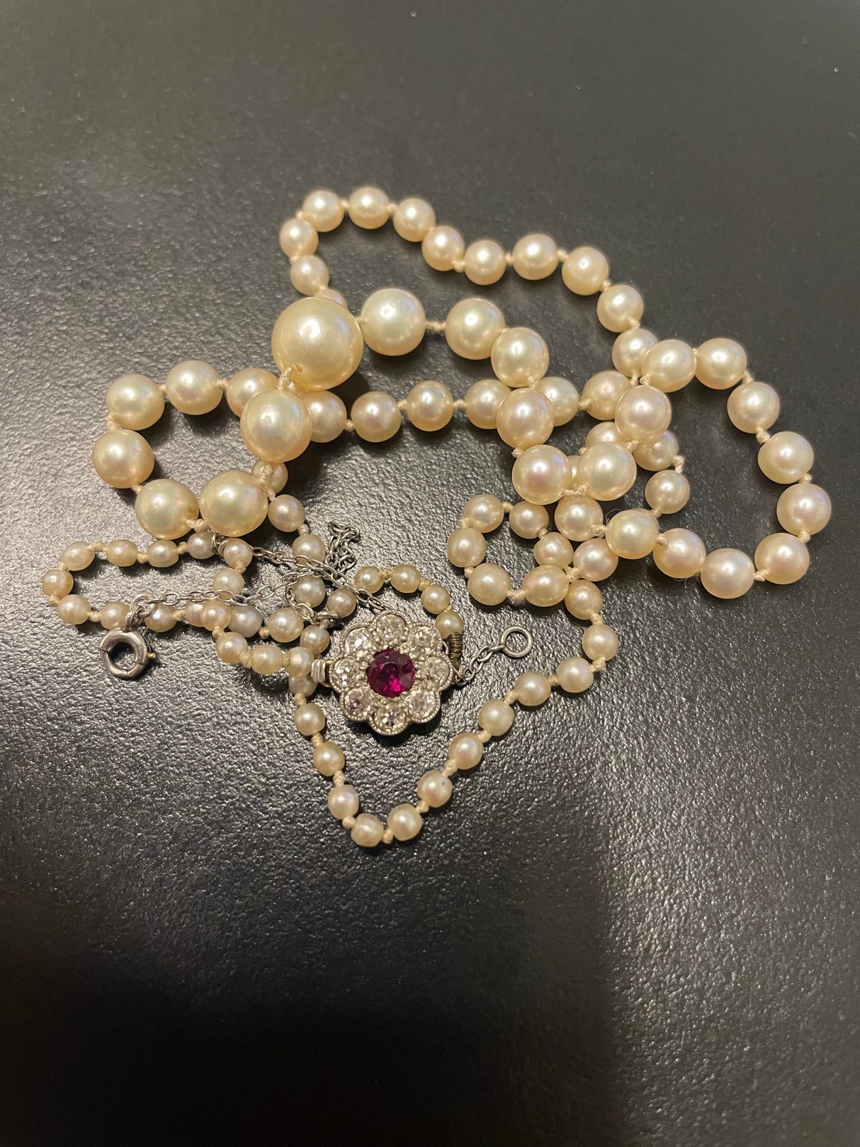Antique, Edwardian Natural Pearl Necklace with Ruby and Diamond Clasp