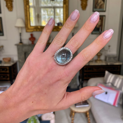 Vintage Cabochon Aquamarine and Diamond Cluster Cocktail Ring, Platinum