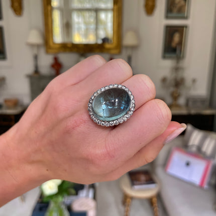 Vintage Cabochon Aquamarine and Diamond Cluster Cocktail Ring, Platinum