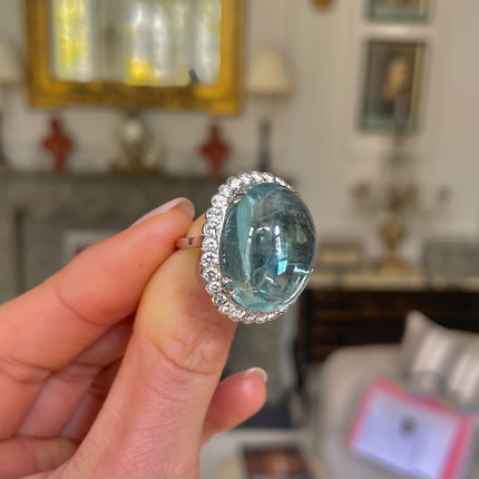 Vintage Cabochon Aquamarine and Diamond Cluster Cocktail Ring, Platinum