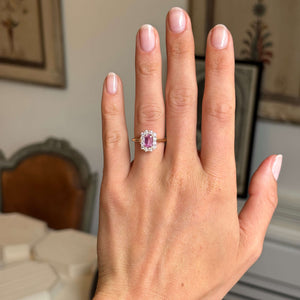 Antique-inspired, pink sapphire and diamond cluster engagement ring