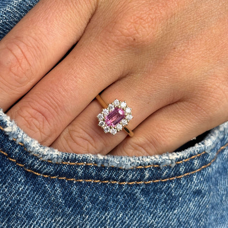 Antique-inspired, pink sapphire and diamond cluster engagement ring