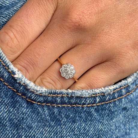 Close-up of a hand wearing a gold Antique, Edwardian old-cut diamond cluster engagement  ring with blue jeans in the background