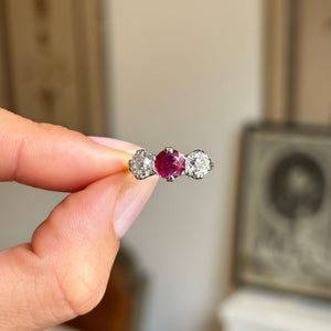 Antique, Edwardian Burmese ruby and diamond three-stone engagement ring