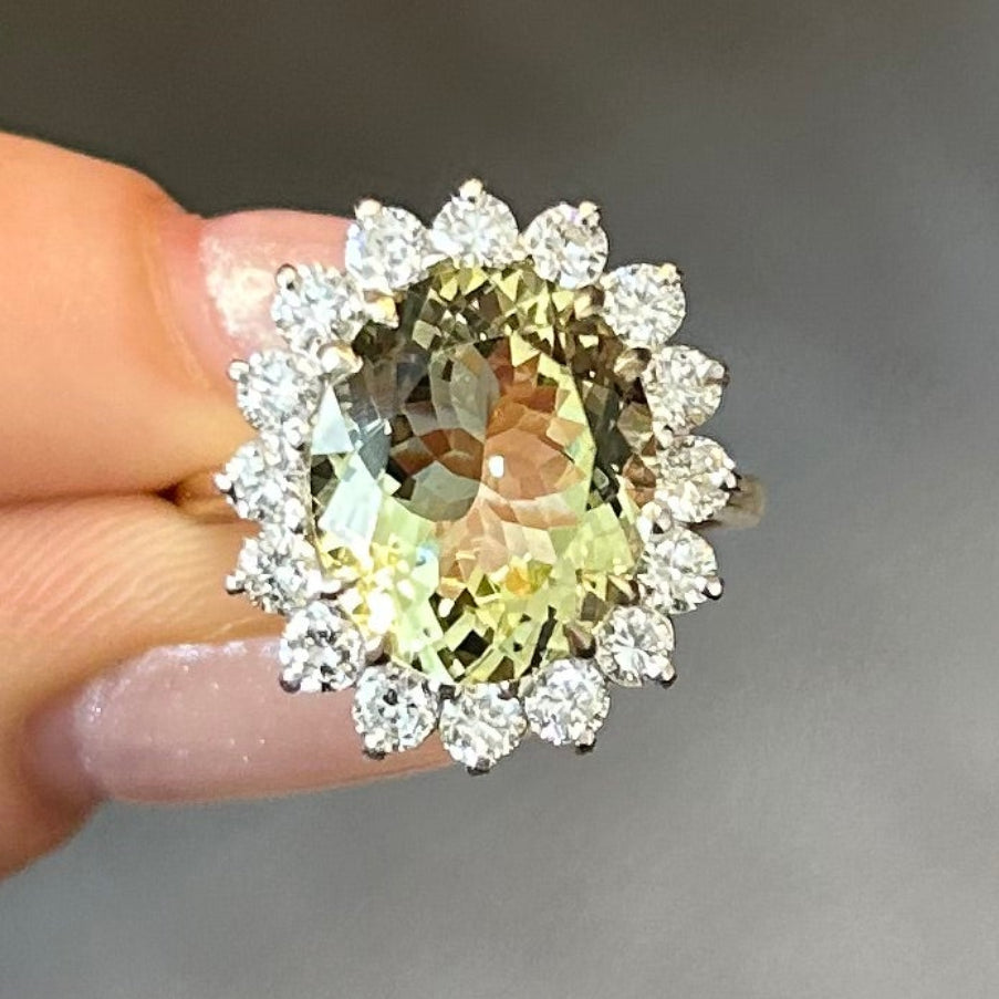 Vintage, 1960s Green beryl and diamond cluster engagement ring