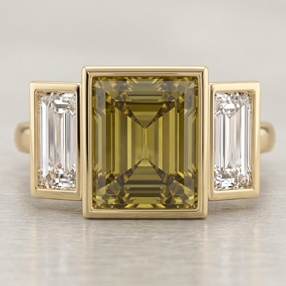 Antique inspired, bespoke chrysoberyl and laboratory diamond three-stone ring