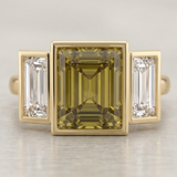 Antique inspired, bespoke chrysoberyl and laboratory diamond three-stone ring