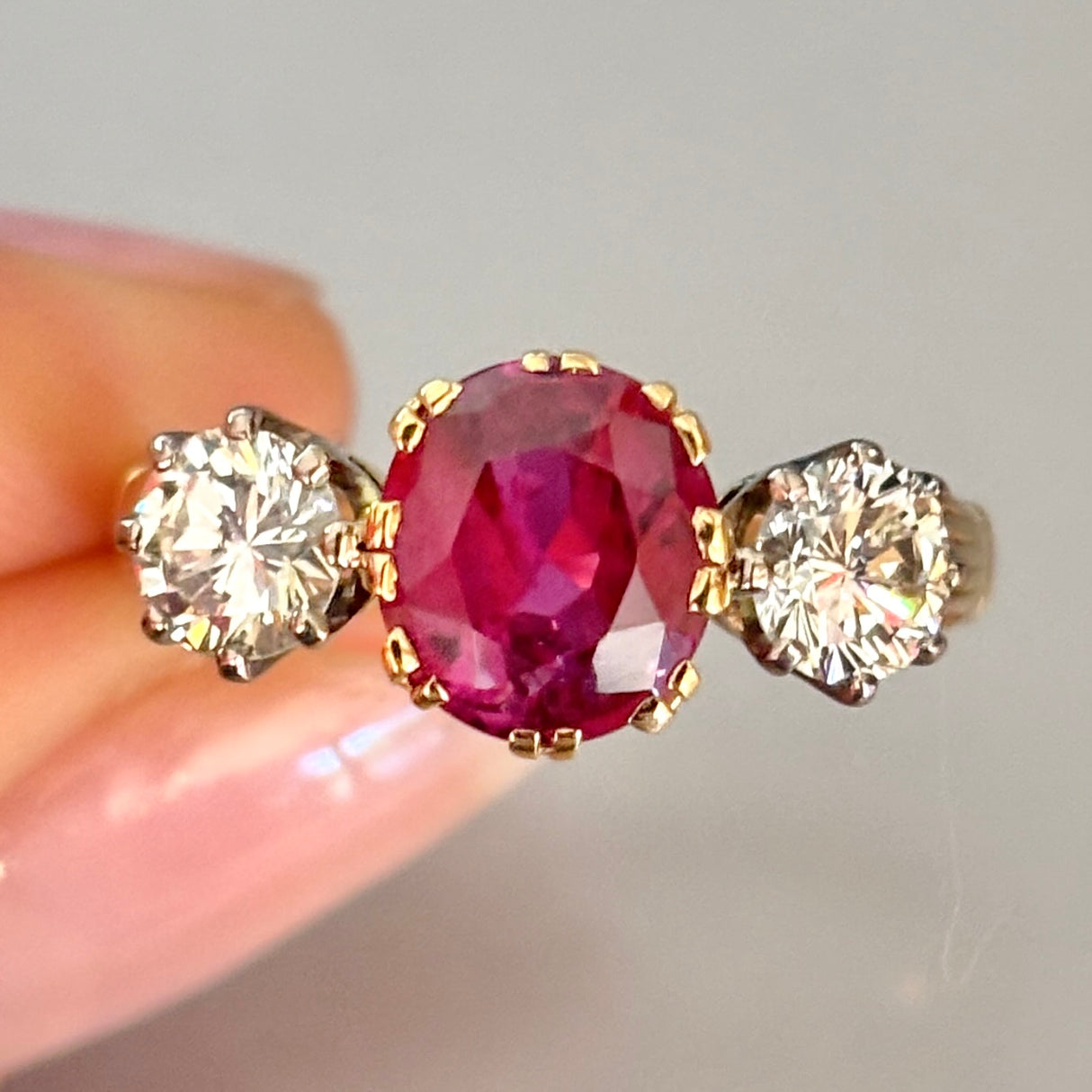 Vintage, 1950s ruby & diamond three-stone ring
