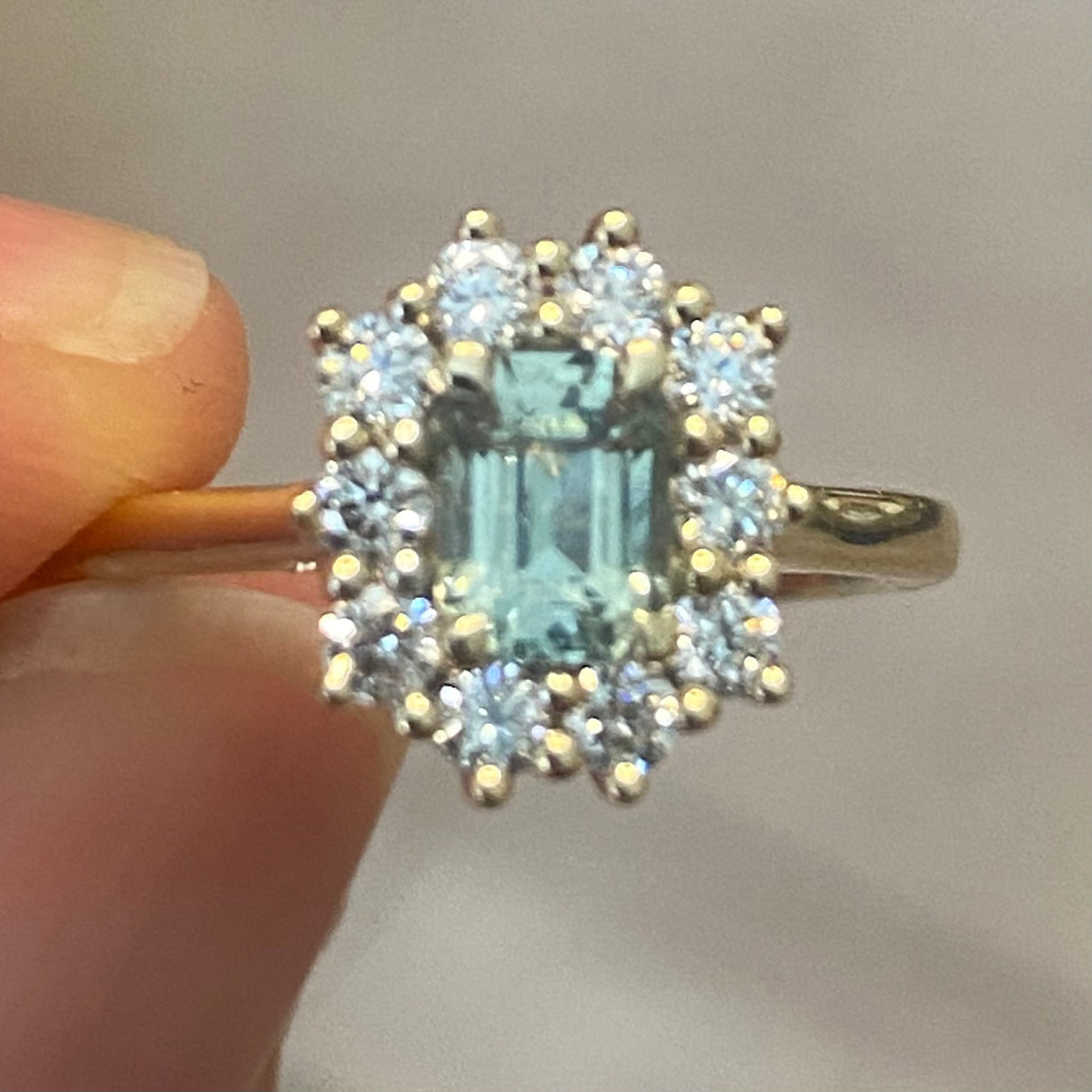 Octagon shape green sapphire & diamond cluster engagement ring