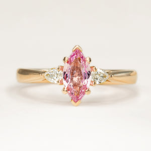 Marquise-cut Padparascha Pink sapphire and diamond three-stone engagement ring