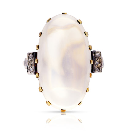 Antique Art Deco, 1920s, Moonstone and Diamond Cocktail Ring, 18ct Yellow Gold