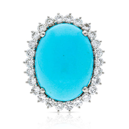 French, Large Natural Turquoise and Diamond Cluster Cocktail Ring, 18ct White Gold