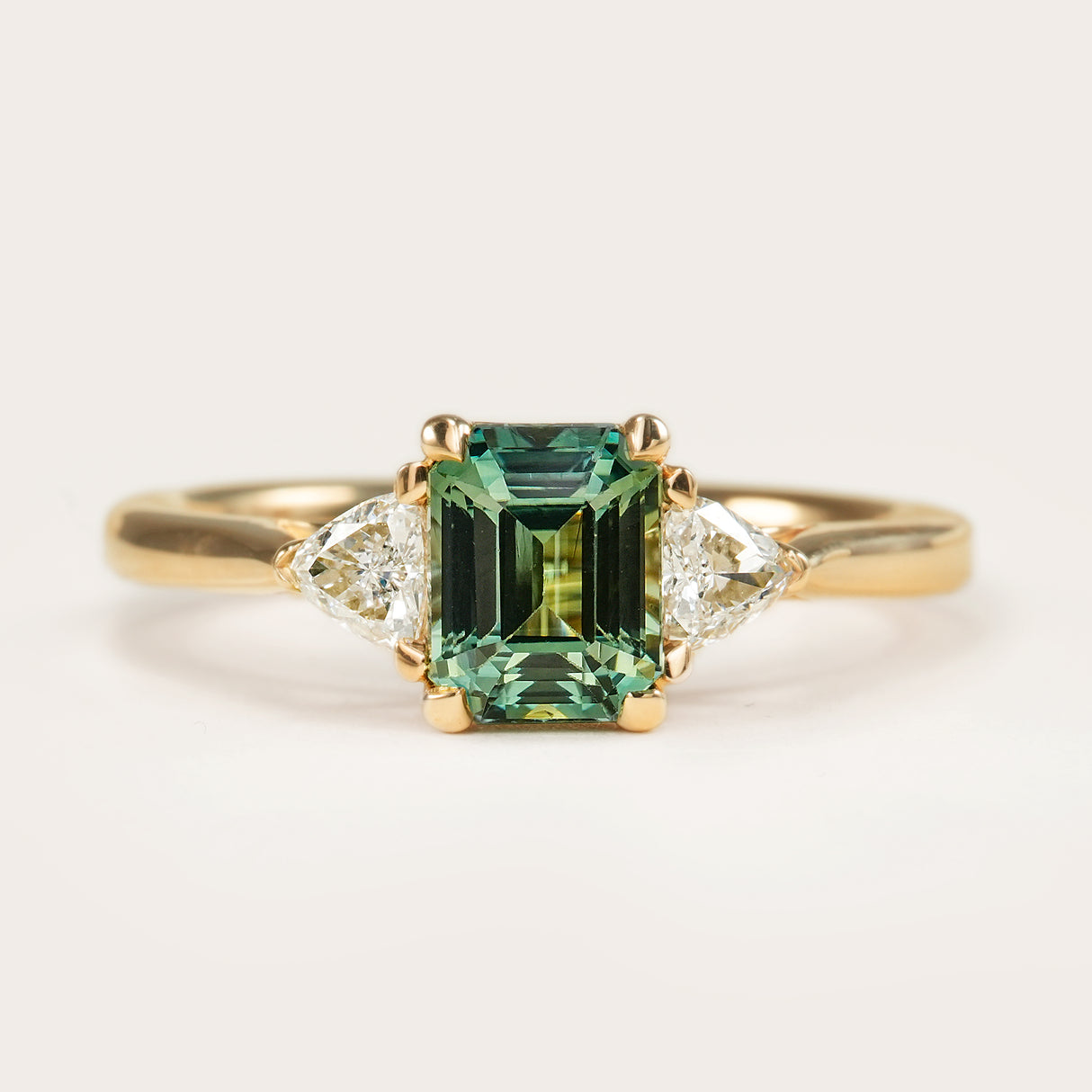 Natural Green Sapphire Three-Stone Diamond Engagement Ring