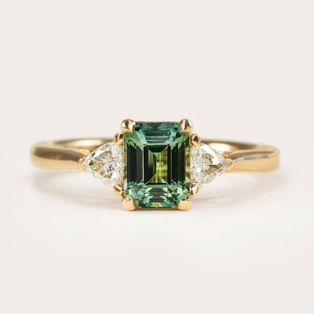 Natural Green Sapphire Three-Stone Diamond Engagement Ring