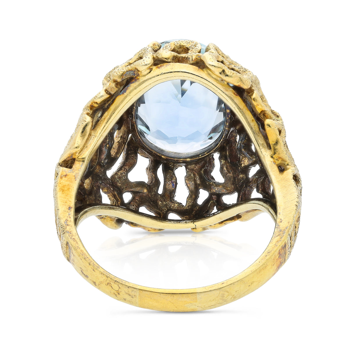 aquamarine ring with naturalistic textured yellow gold band, back view