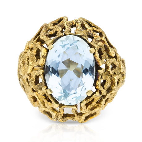 aquamarine ring with naturalistic textured yellow gold band, front view