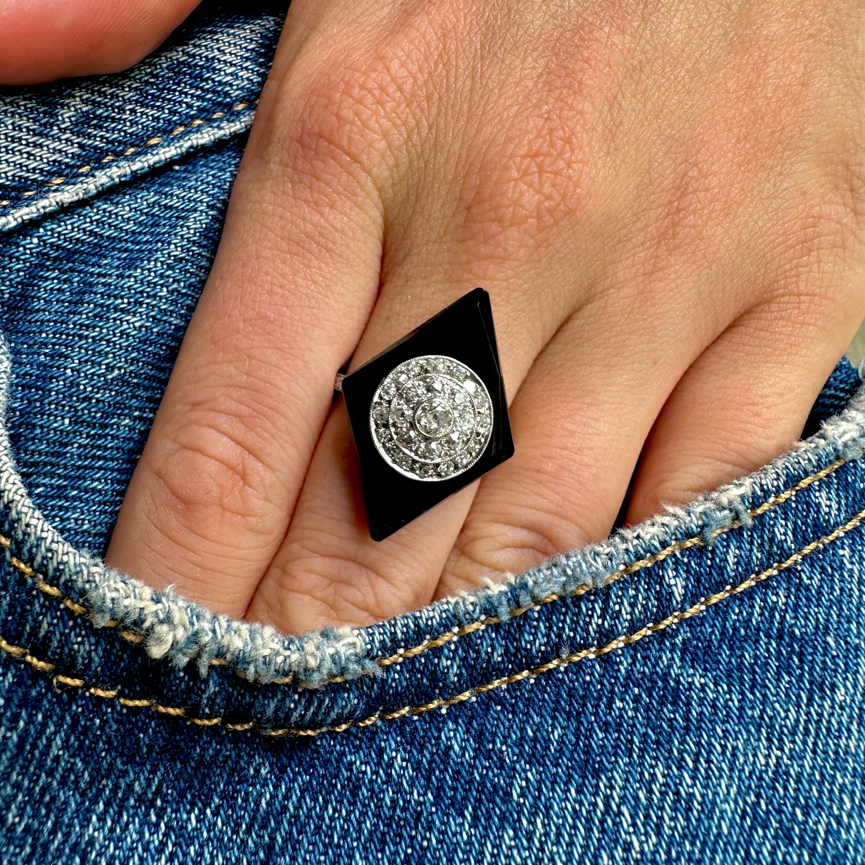 Art Deco, platinum, onyx & diamond kite-shaped cocktail ring