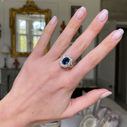 Vintage, Blue Sapphire and Diamond Cluster Engagement Ring, 18ct Yellow Gold