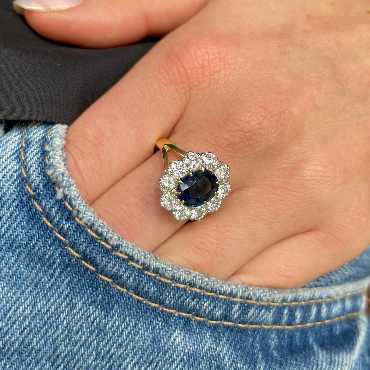 Vintage, blue sapphire & diamond cluster engagement ring, 18ct yellow gold